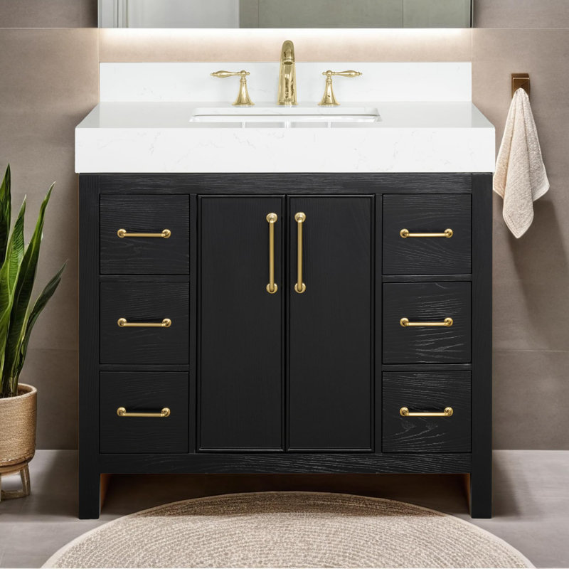 Valvet 36 Inch Bathroom Vanity with Sink, Firwood Black – 100% Premium Solid Wood Vanity Cabinet – 4" Thick Quartz Countertop – Water-Resistant Finish – Fully Assembled