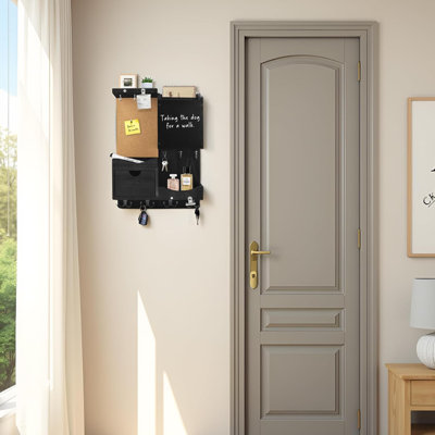 Porte-clés mural, porte-clés organisateur de courrier pour mur avec tablette, tiroir, tableau noir, tableau de liège, décoration intérieure pour vestibule (noir)