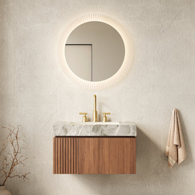 Meuble-lavabo flottant blanc avec dessus en pierre frittée blanche 30 po, lavabo en céramique avec 3 trous de robinet, tiroir et porte d'armoire de rangement en contreplaqué de chêne brun, meuble-lavabo, comptoir, lavabo, tiroir, pré-assemblé