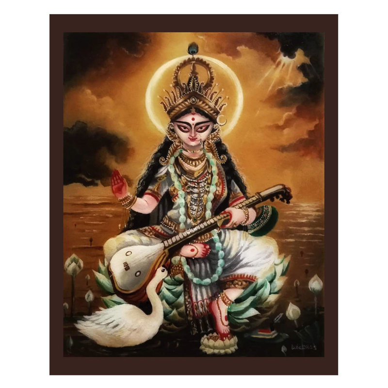 Déesse assise Saraswati | Acrylique sur toile | Par Debasish Mazumder