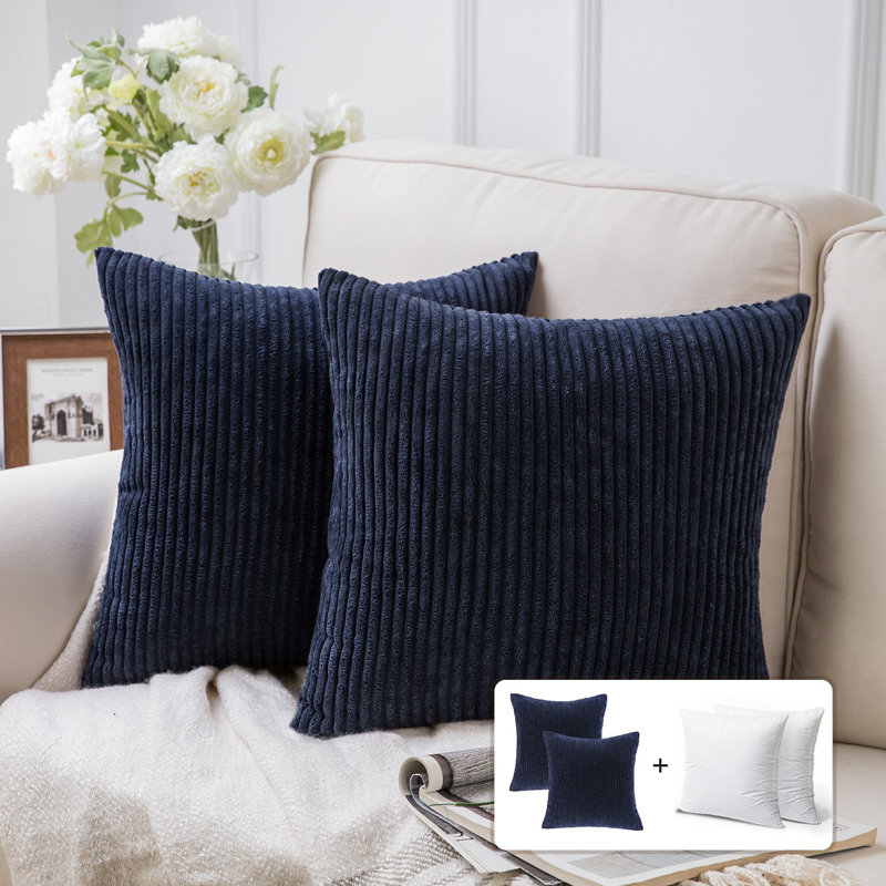 Striped Corduroy Throw Pillow, Solid Color Textured Decorative Pillow, Polyester, Navy, Square 18"