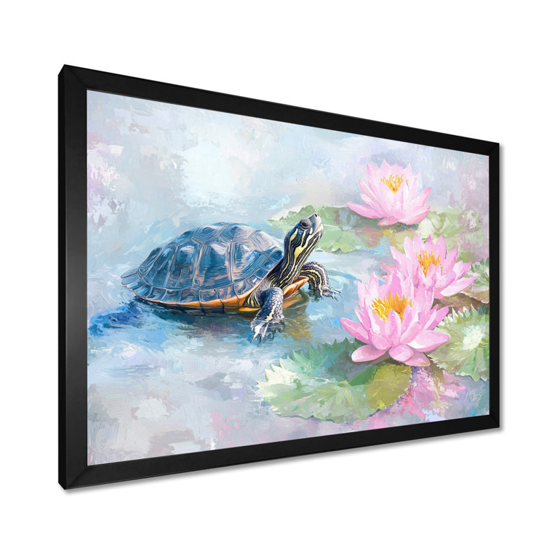 Décoration murale tortue dans le lis d'eau I - tortue, 12" H x 20" W, Single Picture Framed Print without Mat, Noir