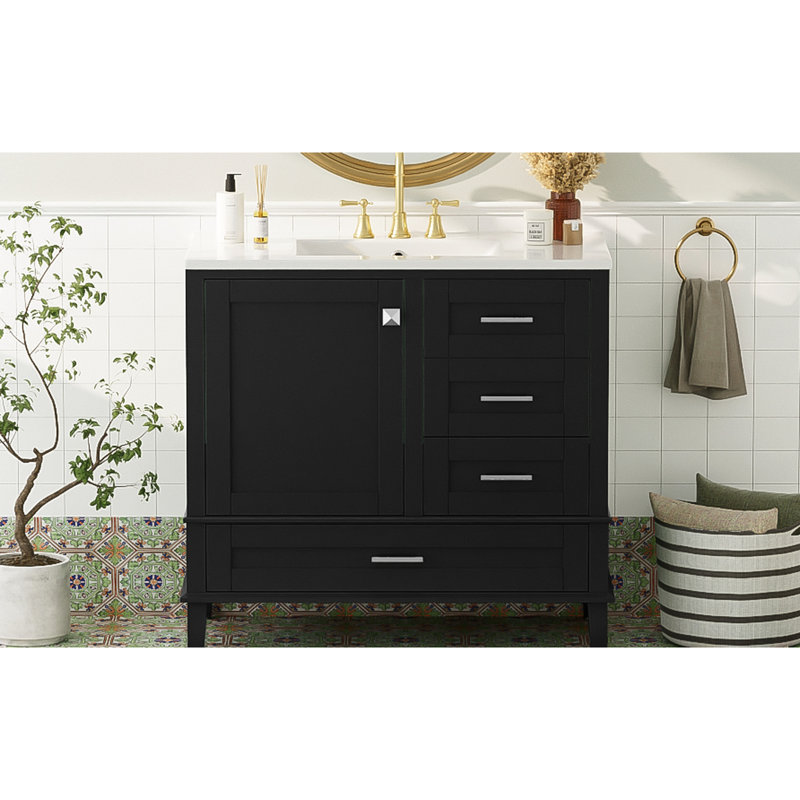 Meuble-lavabo de 36 po en noir - Structure en pin massif, lavabo en céramique, porte à fermeture en douceur et 3 tiroirs pour espaces compacts