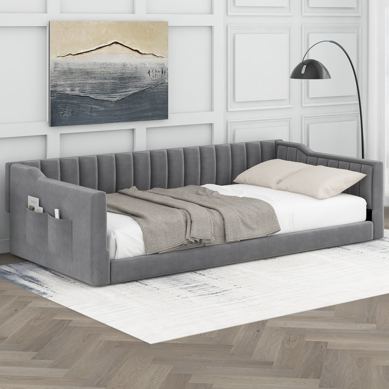 Gray Upholstered Twin XL Velvet Daybed With Storage Pocket, Gray