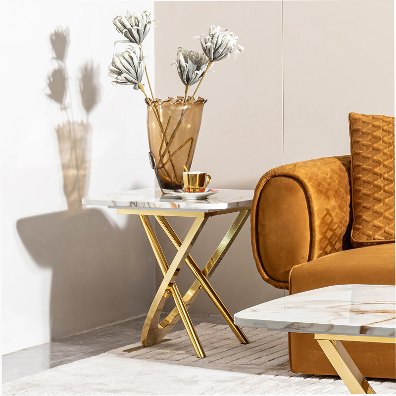 Marble pattern MDF top side end table square shape gold stainless steel base