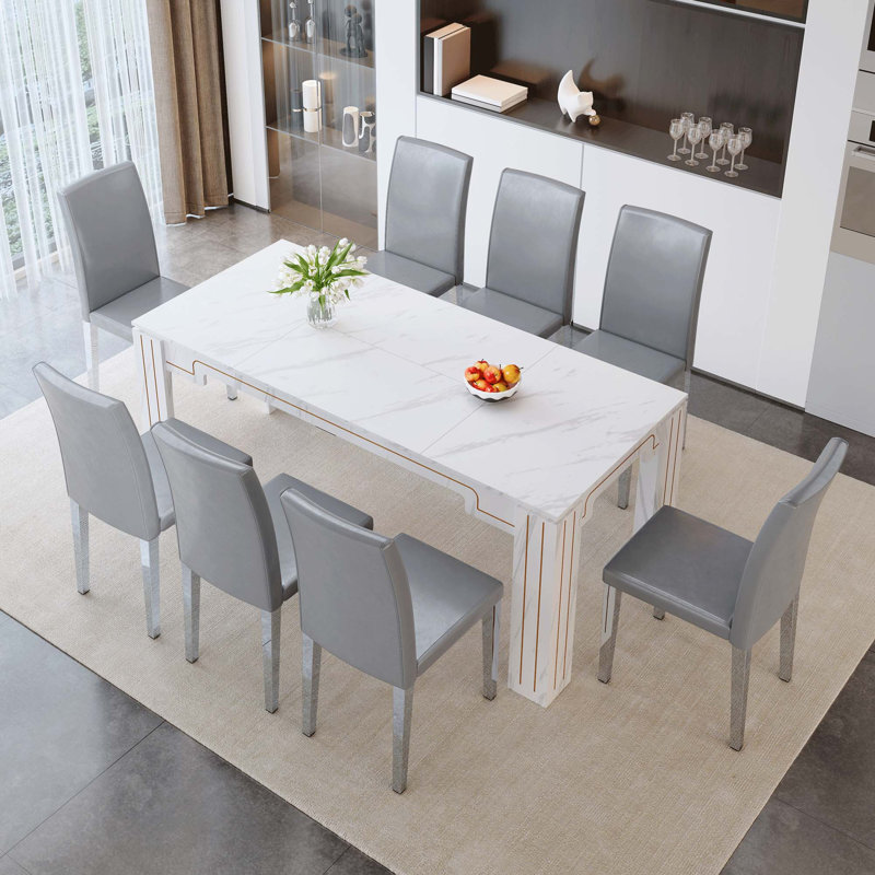Ensemble repas luxueux avec table en imitation marbre et chaises en polyuréthane, Gris clair, 9