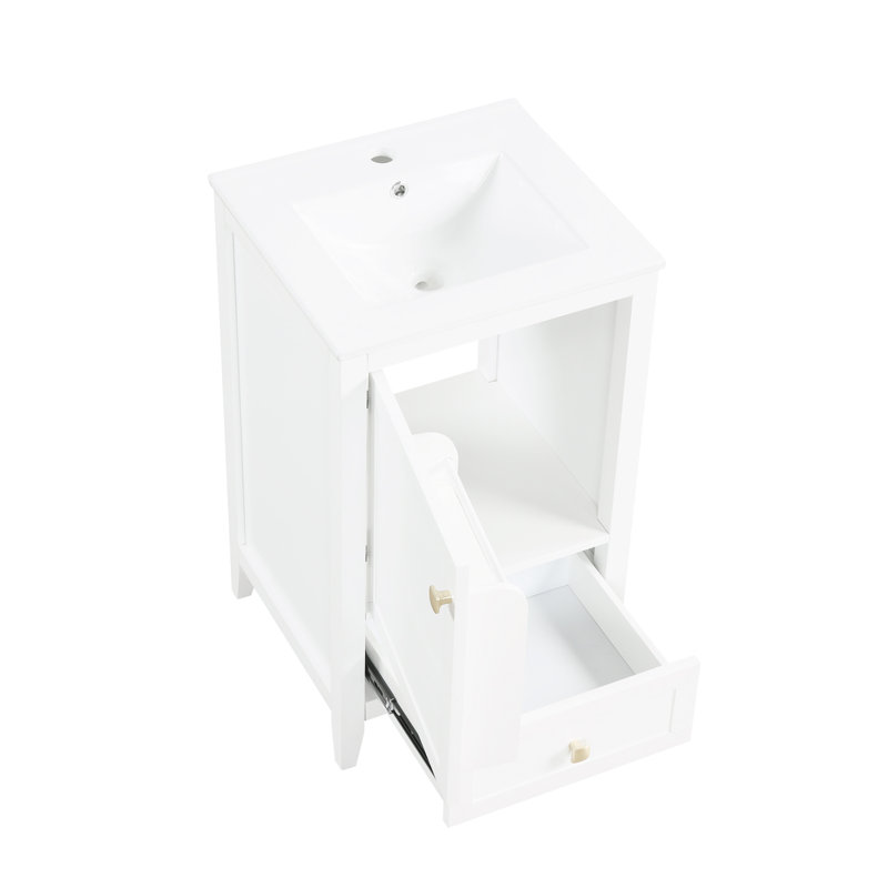 Meuble-lavabo blanc de 20 po avec lavabo, porte à fermeture douce, support de rangement, tiroir, tableau de haute qualité, finition peinte, forme rectangulaire, montage autoportant, installation de lavabo simple de 20 po en blanc