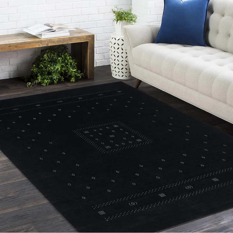 Simi Hand Knotted Cotton/Wool Southwestern Area Rug, Rectangle 5' x 8', Black