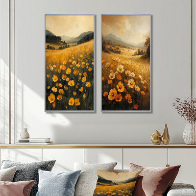 Ensemble de 2 pièces d'art jaune jaune et vert Sunlit Meadow I - Buttercups
