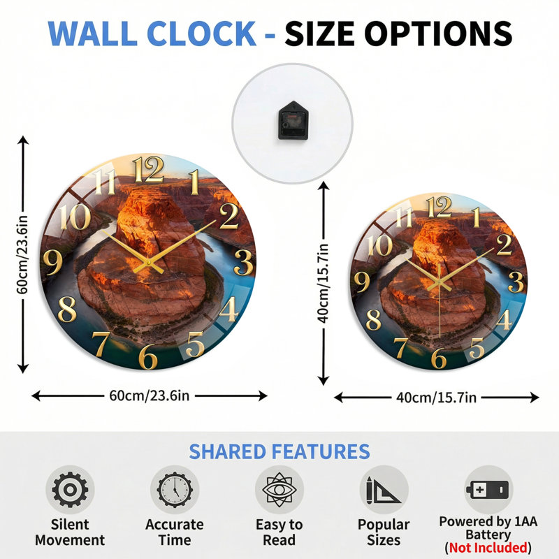Horloge murale en verre Canyon, 60 x 60 cm (23,6 x 23,6 pouces)