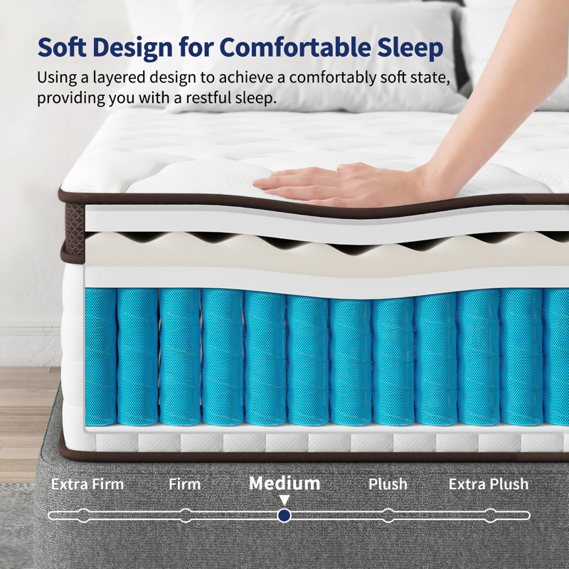 Matelas hybride Serweet - mi-ferme avec mousse à mémoire de forme en charbon de bambou et ressorts zonés, 10 po à 14 po, 12"