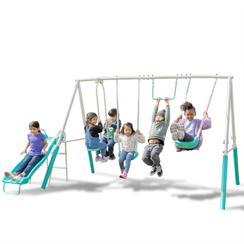Teal Metal Swing Set with Slide and Trapeze