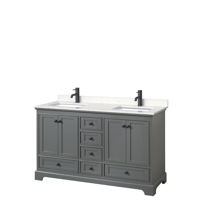 Deborah 60'' Double Bathroom Vanity with Marble Top, Carrara Cultured Marble, Dark Gray, Matte Black
