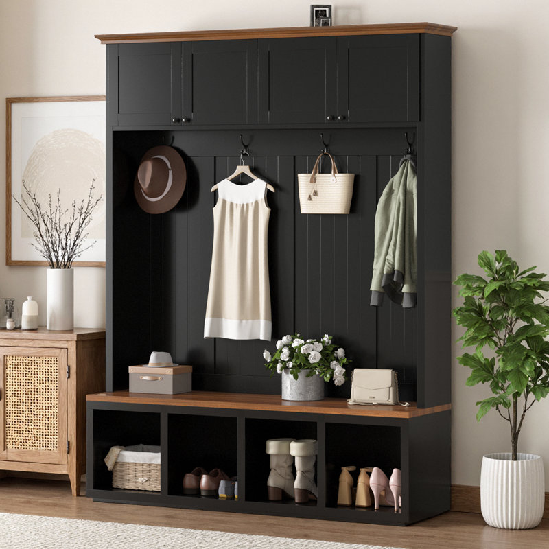 59" Entryway Hall Tree with Bench & Storage, Farmhouse Wood-Grain Accent 4-in-1 Organizer with Cabinets, Coat Racks & Hooks, Freestanding MDF Cabinet for Hallway, Living Room