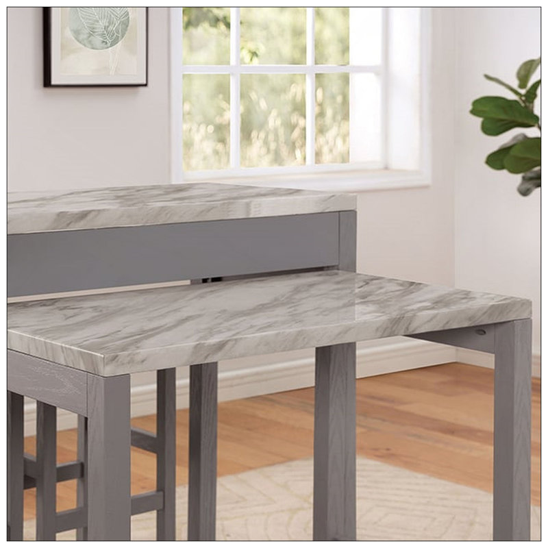Rustic 5Pc Dining Set Counter Height Dining Table W Storage Drawer Faux Marble Top 4X Stools Light Grey Dining Room Furniture