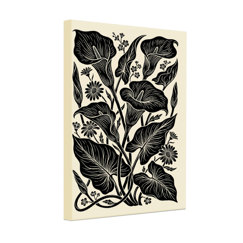 Plantes et fleurs, impression florale en noir et blanc, H 18 po x l 12 po