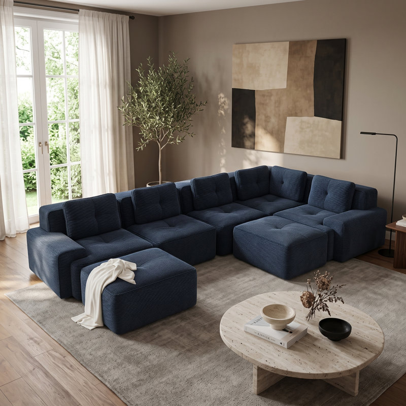Canapé d'angle modulaire 5 places, canapé profond en velours côtelé à larges canaux, bleu, 5 Seat+2 Ottoman