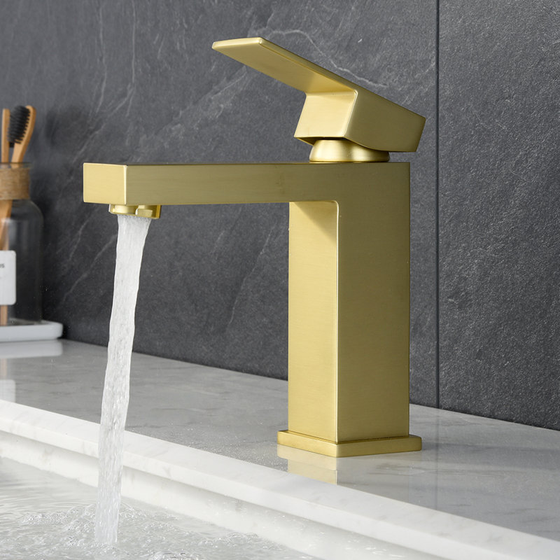 Bathroom Faucet Gold - Geometric Shape And Stable Water Brushed Basin Easy To Clean With Ceramic Filler