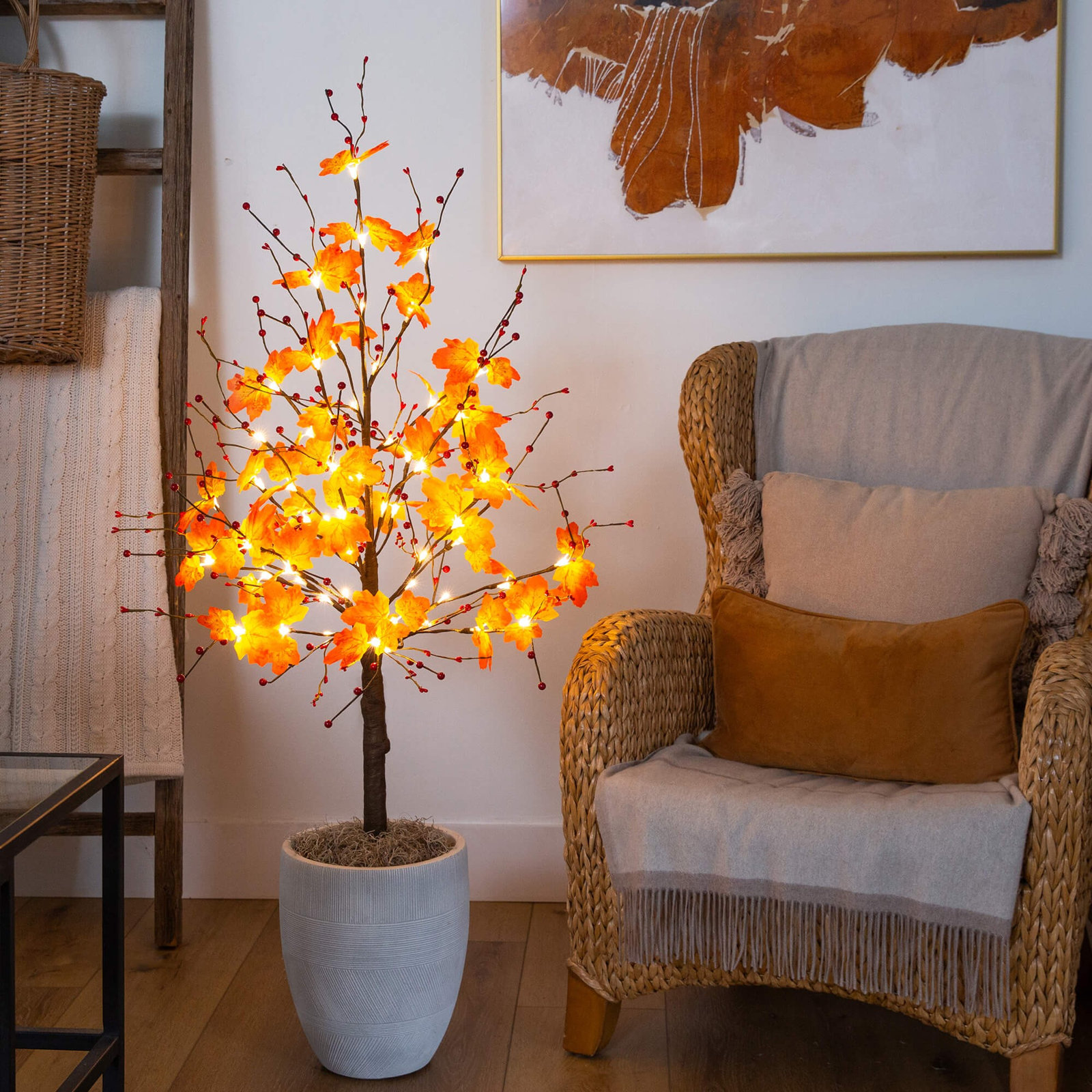5Ft. Pre-Lit Autumn Maple Artificial Fall Tree With Berries And 96 Warm White LED Lights, 48" H x 18" W x 16" D