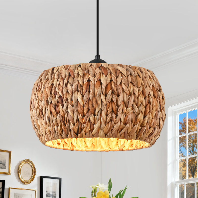 Doiker 1 - Light Boho Hand-Woven Natural Rattan Single Pendant for Kitchen Island Dining Room Living Room Entryway Hallway Foyer