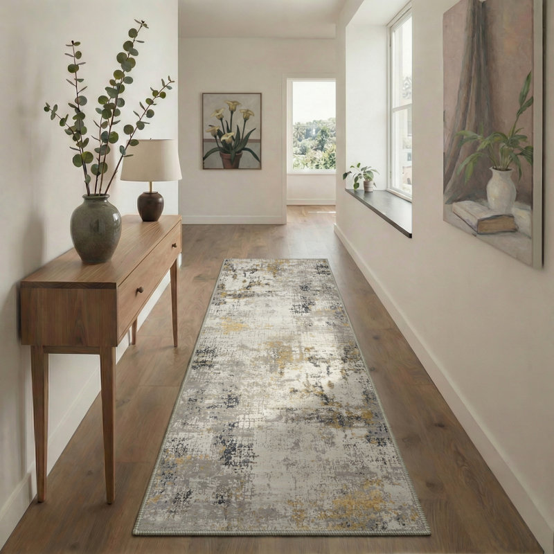Mignone Artisan Abstract Splatter Machine Washable Gilded Slate Indoor Area Rug With Non-Slip Backing, Round 5'
