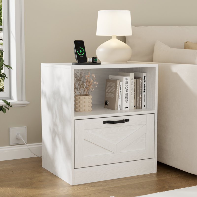 Table de chevet blanche avec surface en «V», avec tiroir et prise de courant, Individuel