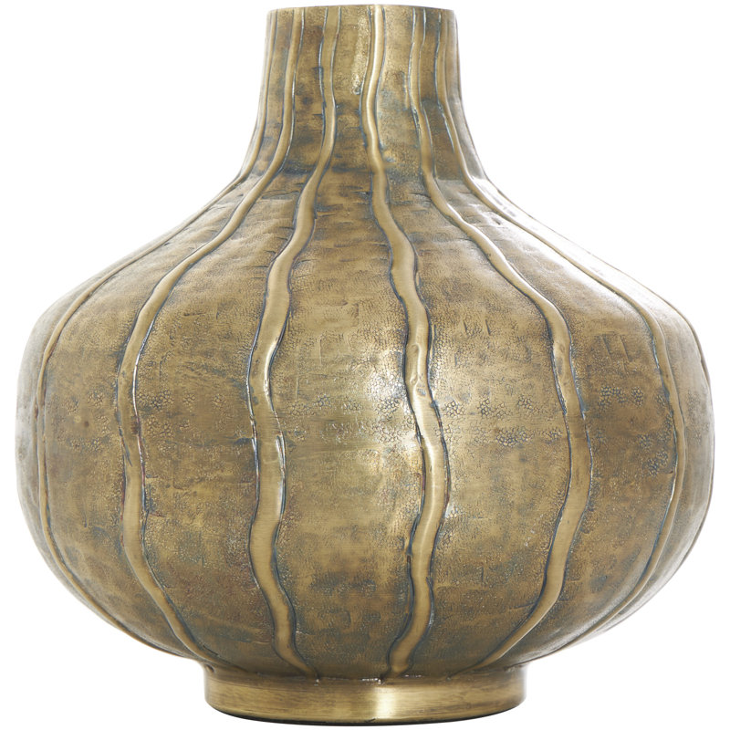 Millerd Metal Wide Snakeskin Inspired Decorative Brass Vase with Dimensional Wavy Accents
