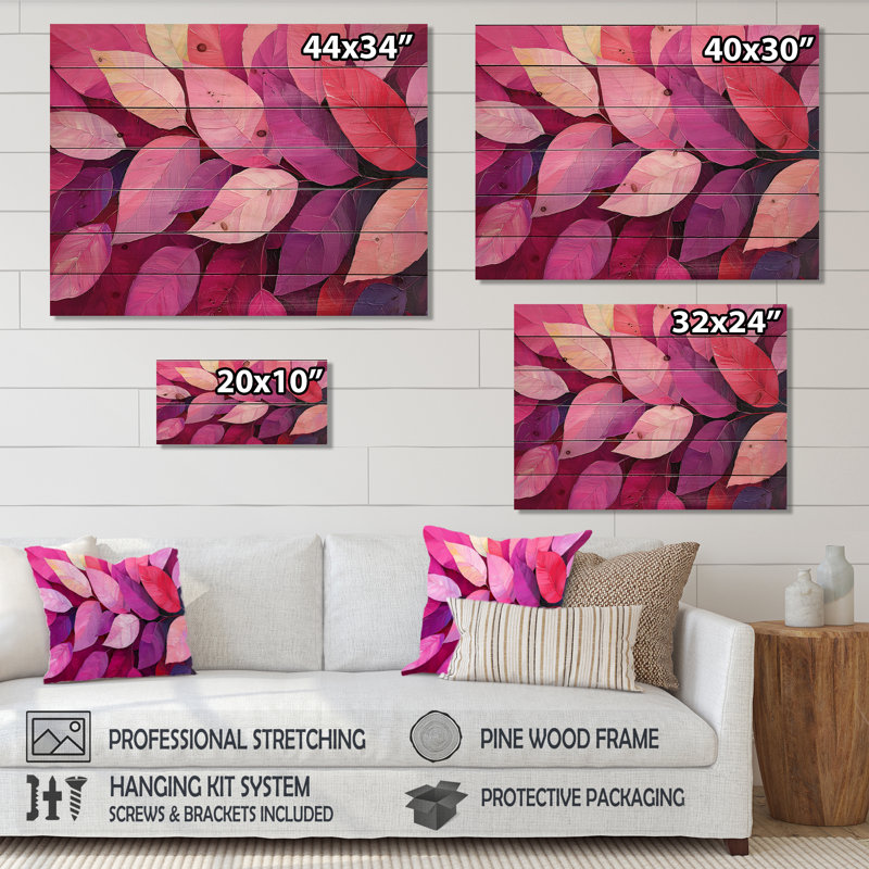 Magenta Leaves Blossom III - Leaves Wood Wall Decor - On Natural Pine Wood, 34" H x 44" W