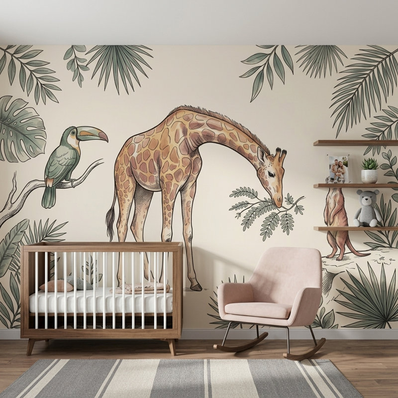Décoration murale feutrée vert pépinière Safari, 160 po x 108 po, Non tissé
