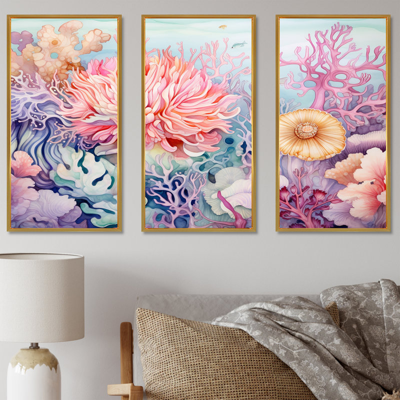 «Colorful Coral Reef Heaven I» - ensemble d'art sur toile corail sous l'eau, Cadre flottant doré, H 32 po x l 48 po x P 1 po