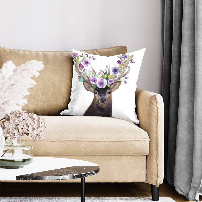 Roe deer head with flowers - 20"x20" Throw pillow - Poly twill - Print on demand