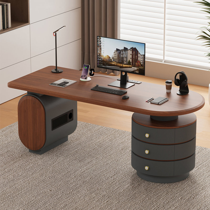 Bureau en bois manufacturé demi-cercle brun noisette + gris pistolet avec 3 tiroirs, H 29,53 po x l 62,99 po x P 27,56 po