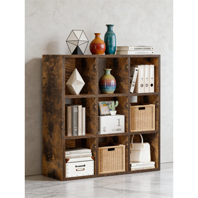 Rustic Brown 9-Cube Storage Organizer, Fits 11-Inch Bins, Stackable Bookcase For Living Room, Media Console