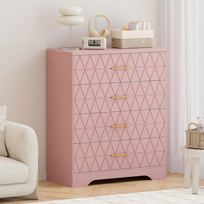 Commode haute 4 tiroirs en bois rose, placard à poignée dorée