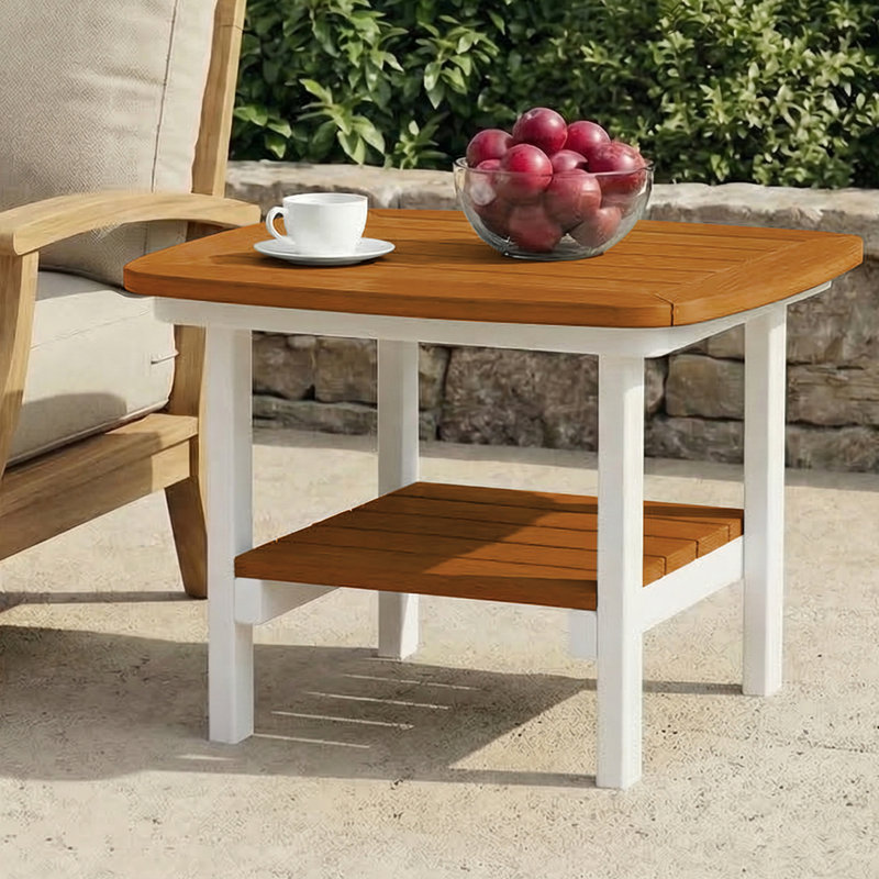 Table d'appoint carrée 21 po, blanc, Plateau en teck / base blanche