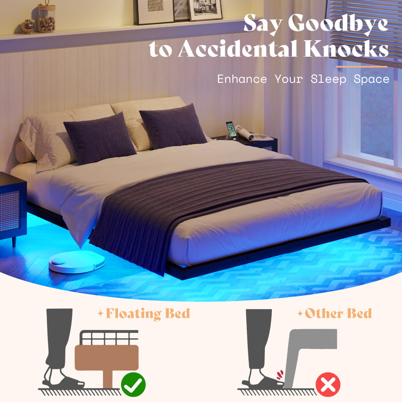 Canealus 9.1'' Floating Metal Bed Frame with LED Lights, Queen, Black