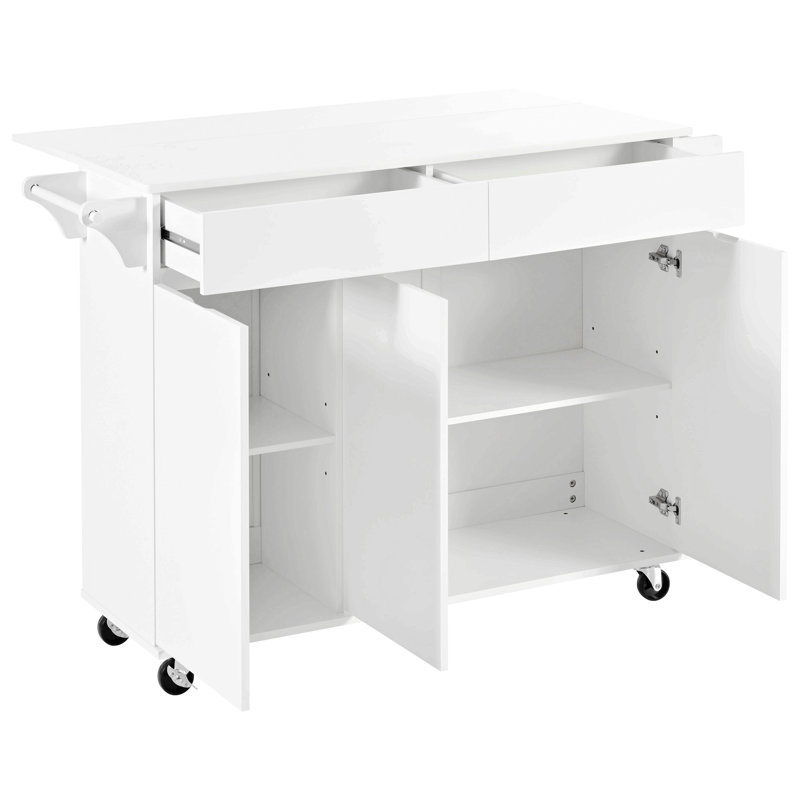 53"W Wood Kitchen Island With Drop Leaf, Drawers And Adjustable Shelves, White