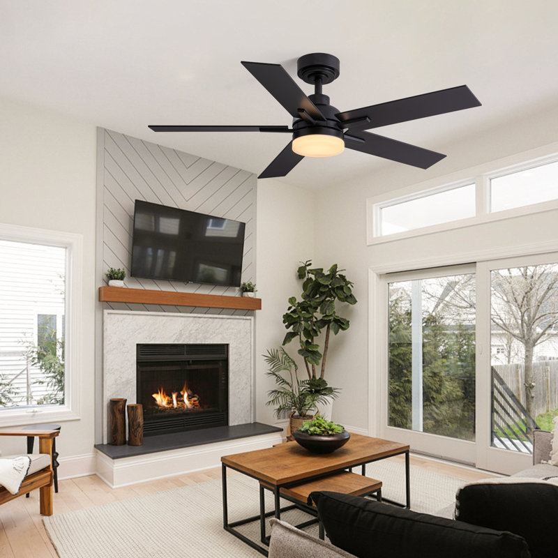 44 po Ventilateur de plafond industriel noir avec lumière à DEL à intensité variable et télécommande incluse, Noir, Noir