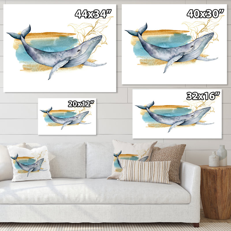 Baleine bleue sur fond blanc - Peinture sur toile, H 16 po x l 32 po x P 1 po, Toile tendue