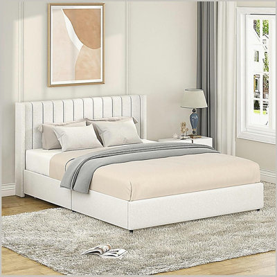 Lit plateforme à 2 tiroirs avec grand lit tapissier ivoire, tête de lit capitonnée, sommier à lattes en bois, aucun sommier nécessaire