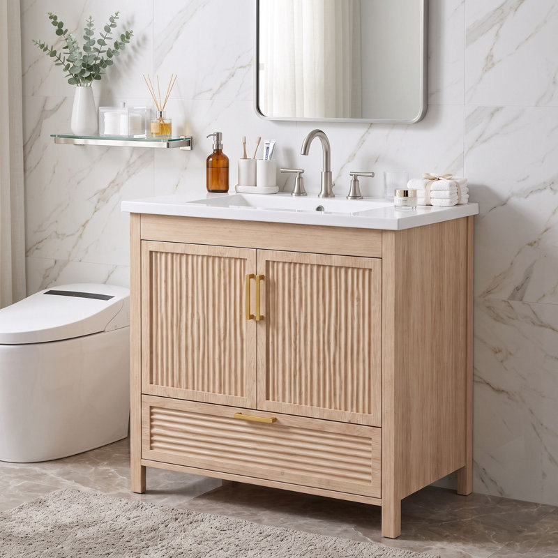 Freestanding Standard Free Standing Single Double Single Vanity Bathroom Vanity With Resin Top, Wood