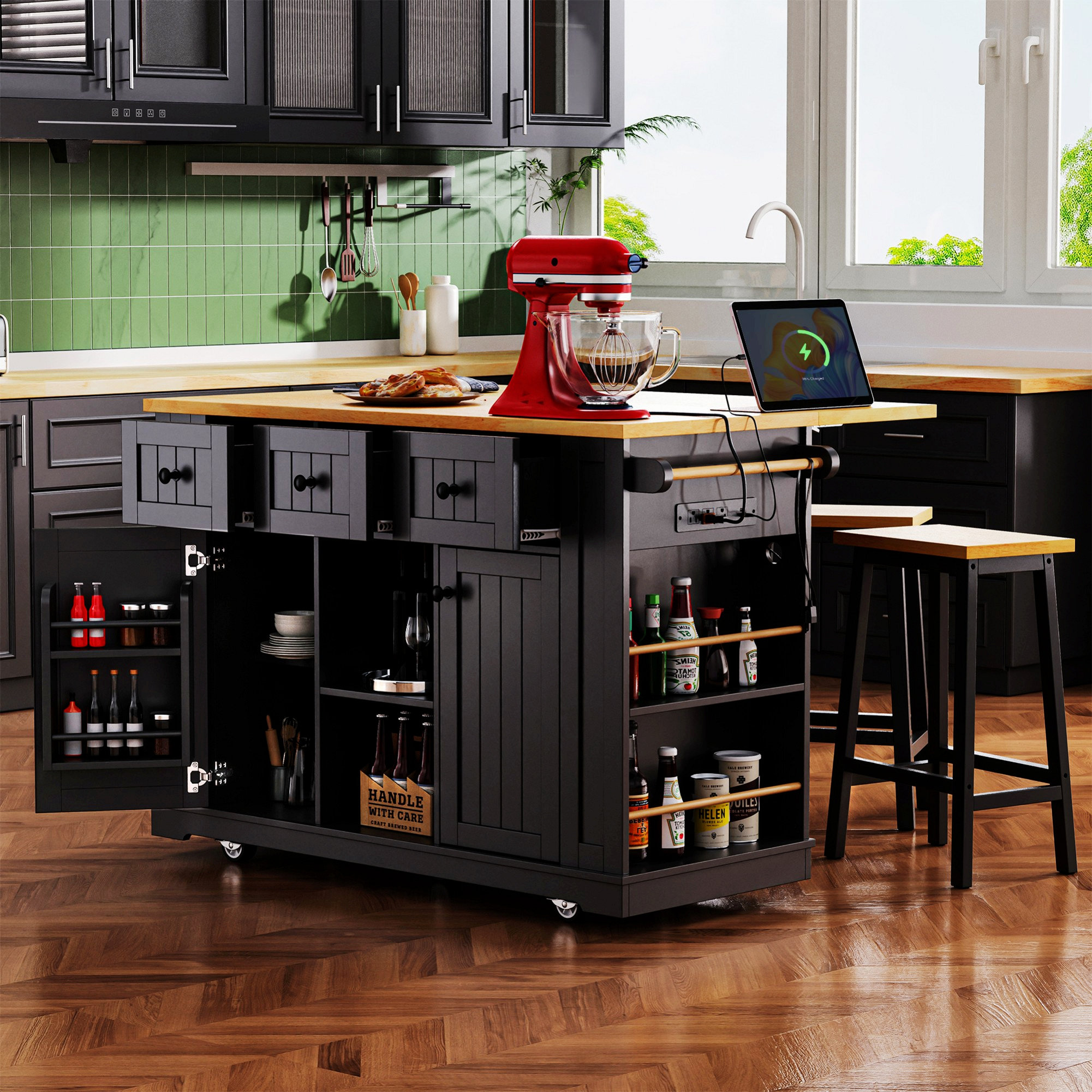 Latitude Run® Kitchen Island With Drop Leaf And Power Outlet, Rolling ...