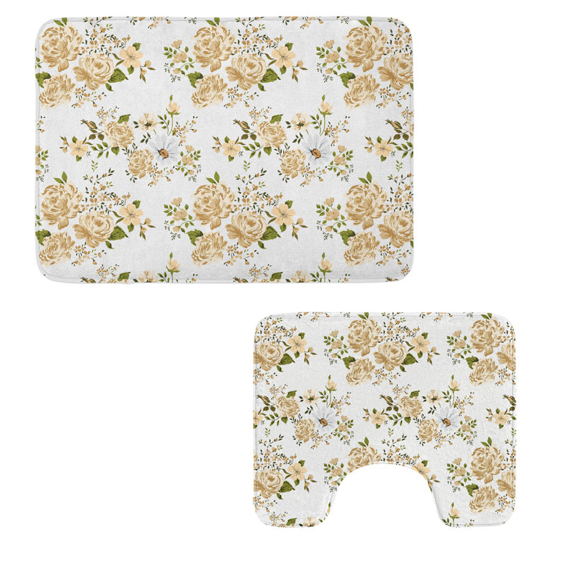 Ambesonne Flowers Bathroom Rug Set 2 Pieces Rectangle & Contour Mats White and Beige