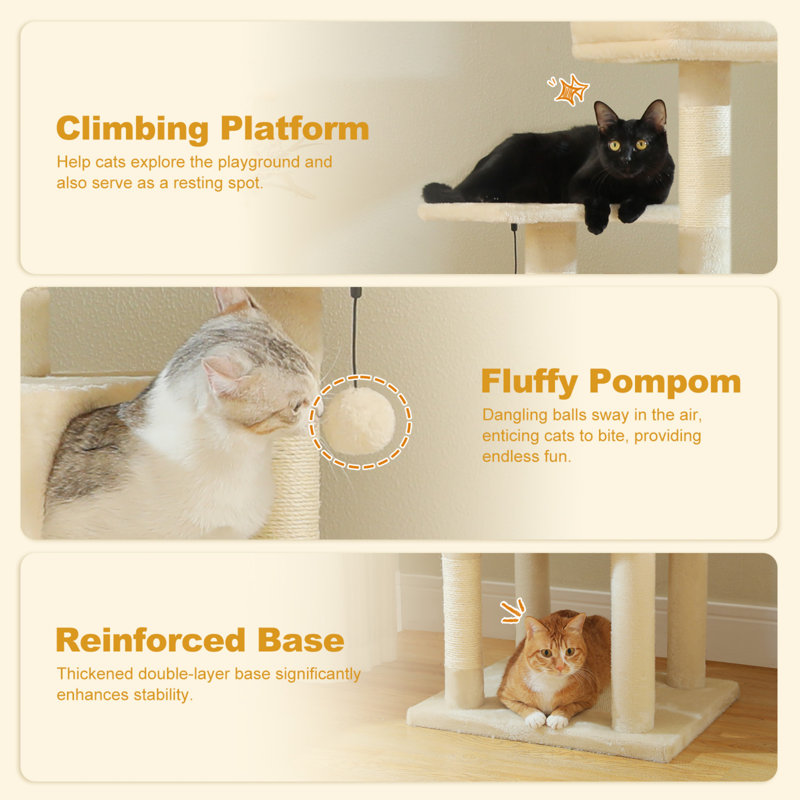 61.8" Cat Tree Tower with Perch Top, Platform, Cat Condo and Sisal Scratching Post, Beige