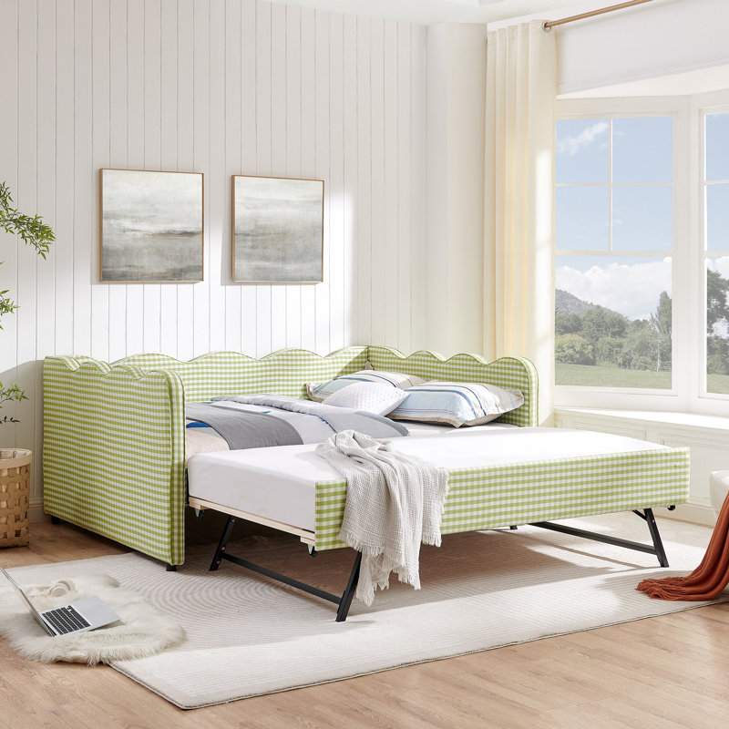 Lit de jour avec couchette sans sommier, avec port USB et adorable tissu en forme de vague, Vert