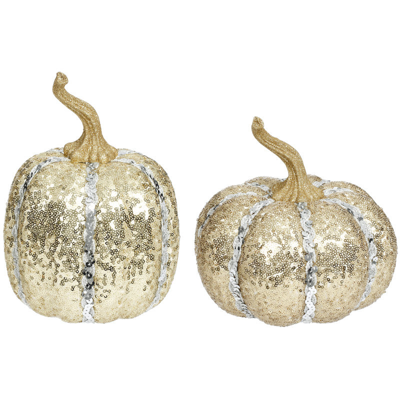 2 Piece 9" H Sequined Halloween Pumpkin Set, Gold
