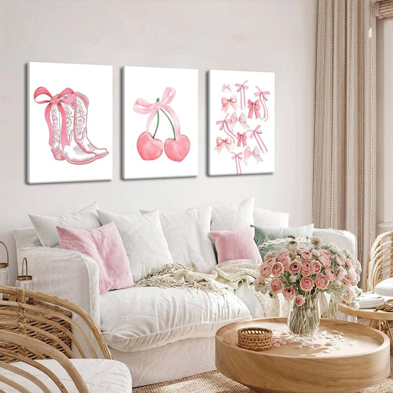 60*40, Bows Wall Art Set Of 3, Preppy Watercolor Cherry Cowboy Boots Wall Decor Posters.