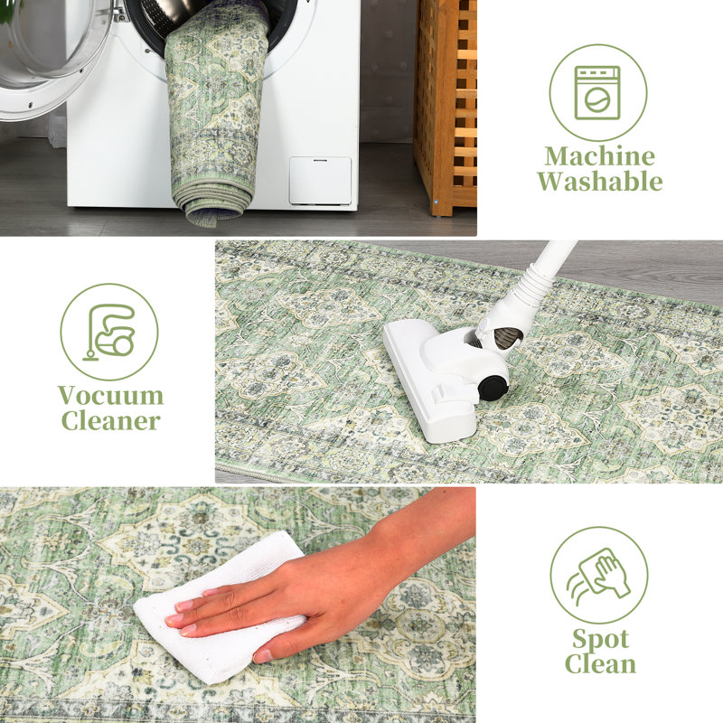 Washable Runner Rug 2 x 6 Vintage Floral Hallway Rug Non Slip Backing Stain Resistant Area Rug Farmhouse Floor Cover for Bedroom Kitchen Laundry Green