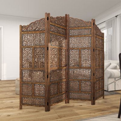Paravent en bois pliable à 4 panneaux avec motifs sculptés complexes