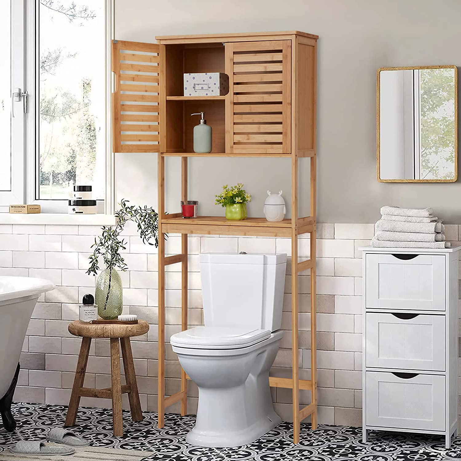 Three Tier Free-Standing Bathroom , 30 lbs. Capacity, Bamboo